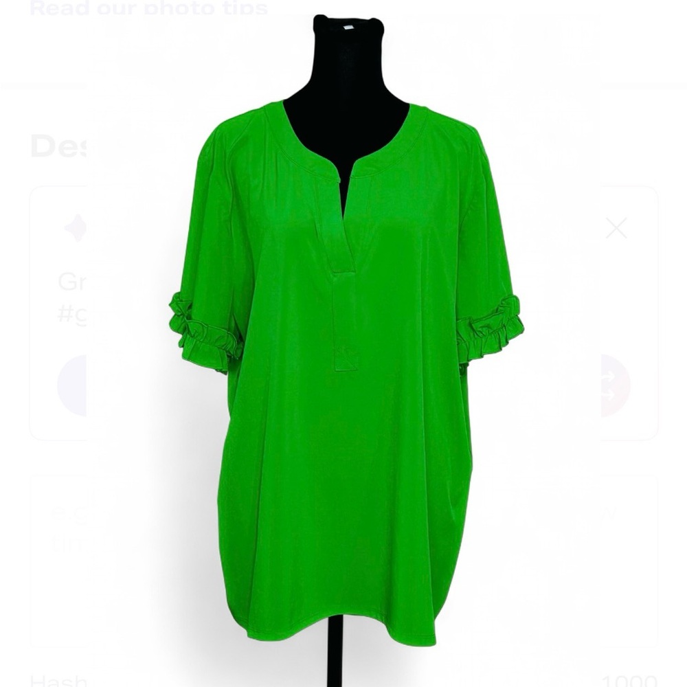 CHICO’S Bright Green Blouse Ruffle Short Sleeve 4 20/22 V Neck